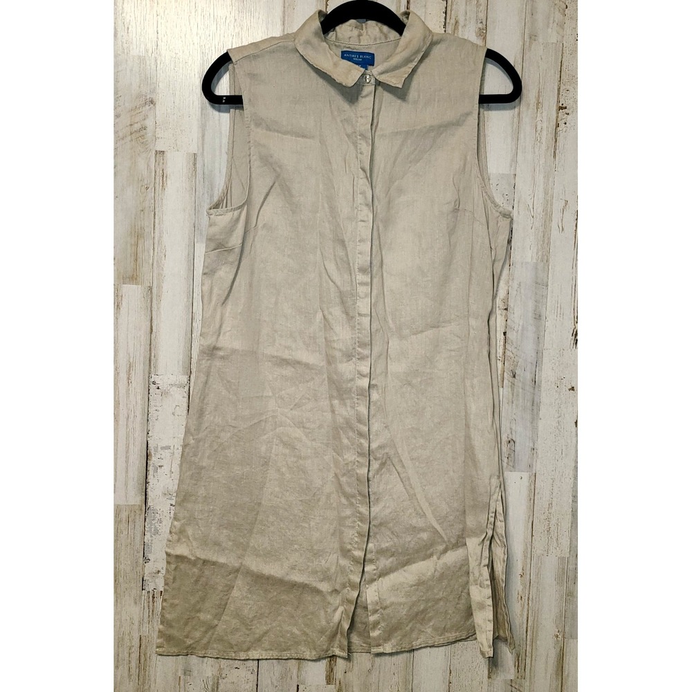 Antibes Blanc size M Shift Shirt Mini Dress Sleeveless 100% Linen Button Up